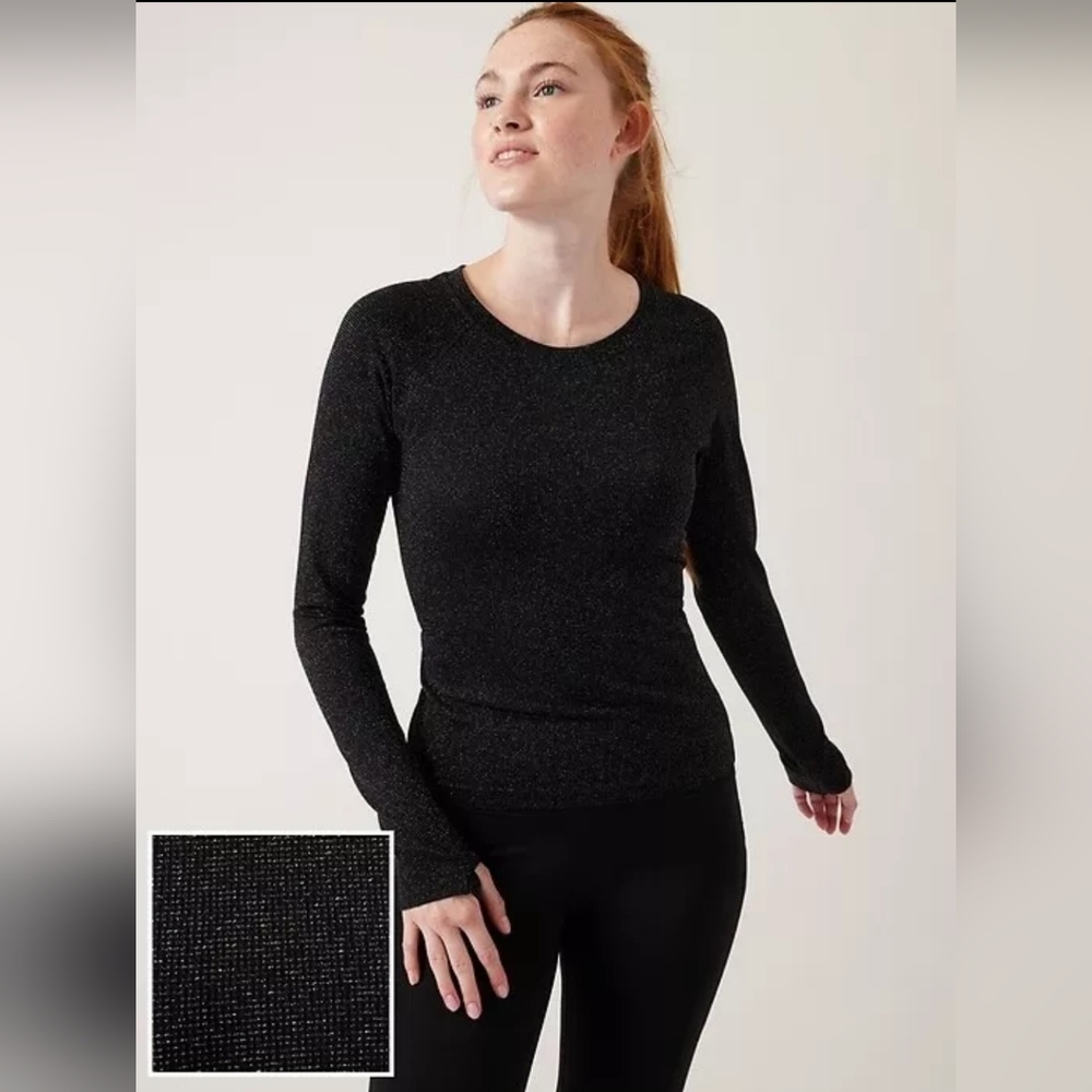 Athleta Momentum Seamless Shimmer Top Black Women's Size Medium With Thumbholes